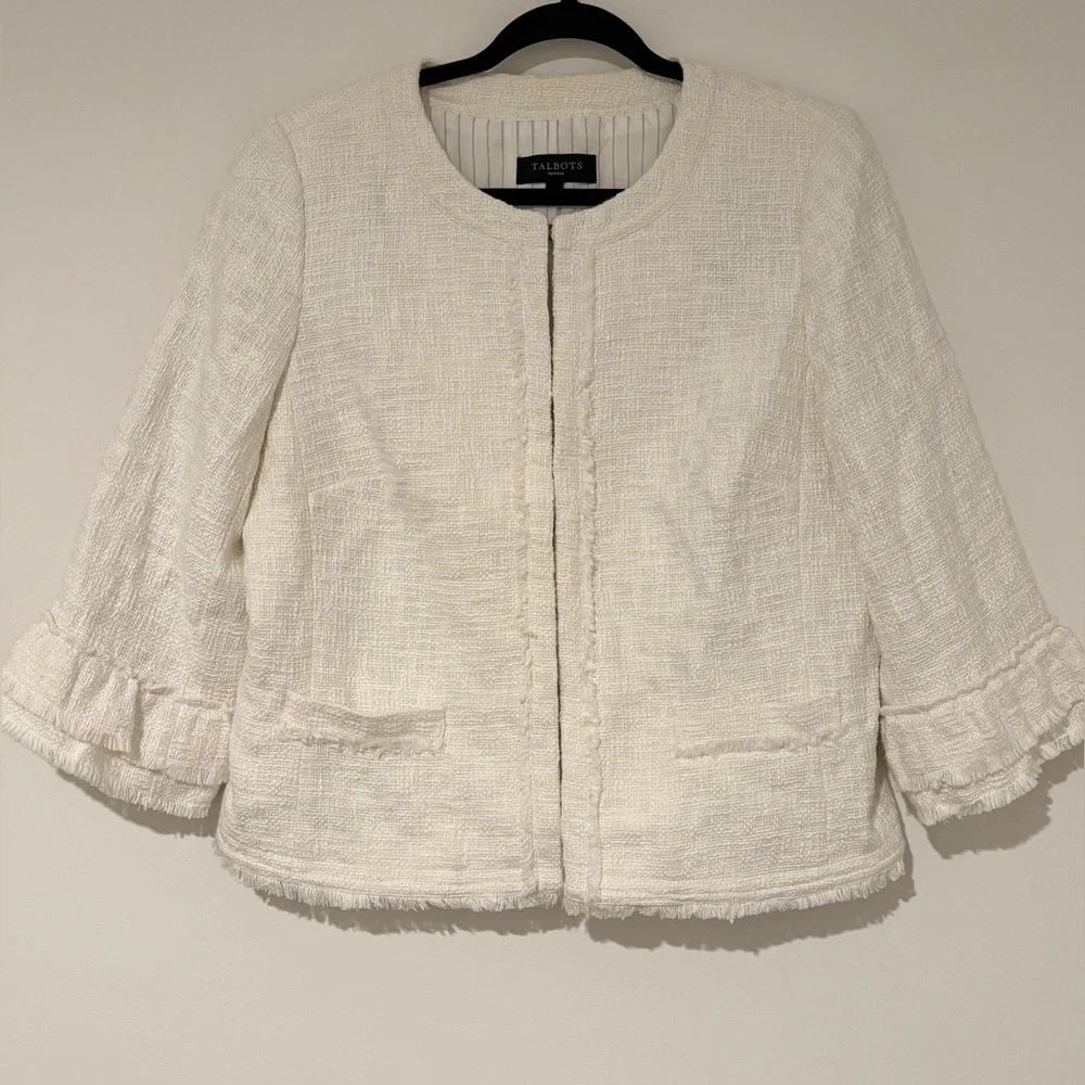 Talbots Women’s White Tweed Ruffle Sleeve Blazer Jacket Workwear Office 16P - Picture 2 of 9